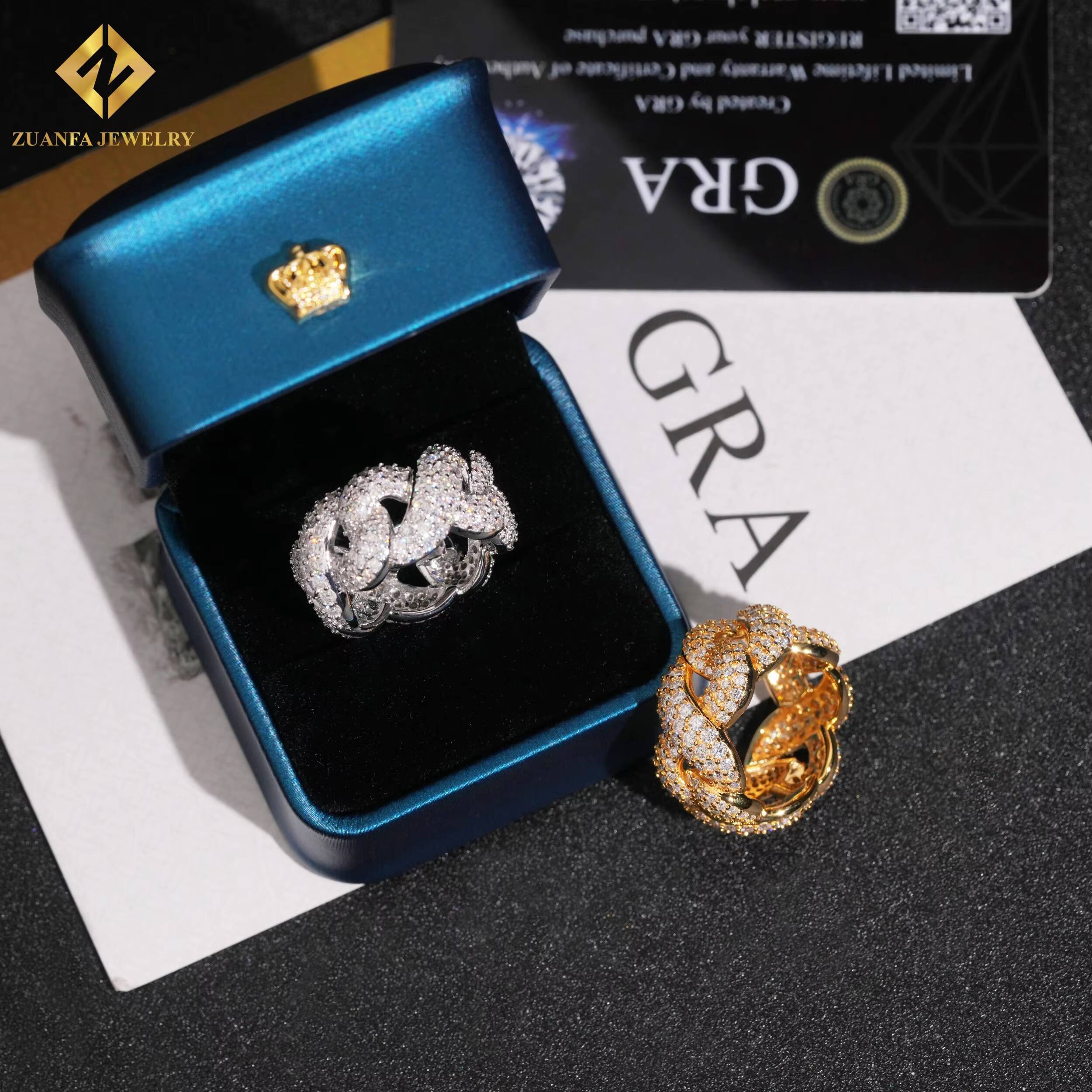 Hot Sale Cuban Chain Style Ring VVS Moissanite Ring Jewelry Gift 925 Sterling Silver Moissanite Ring with GRA Past Diamond Test