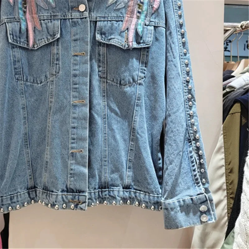 Retro wing embroidery tassel rivet denim jacket womens denim jacket loose casual large pocket denim jacket womens streetwear 250409
