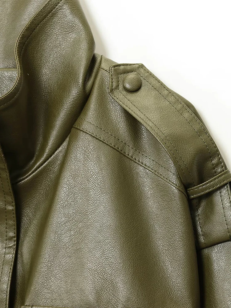 European and American style autumn womens clothing versatile leather stand collar long sleeve short jacket 251103