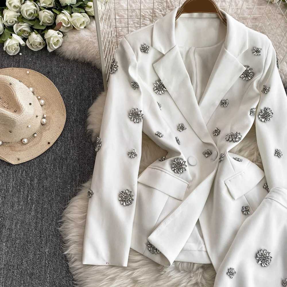 TWOTWINSTYLE Two Piece Set For Women Notched Collar Long Sleeve Spliced Button Coat High Waist Pant Fashion Set Female W251110