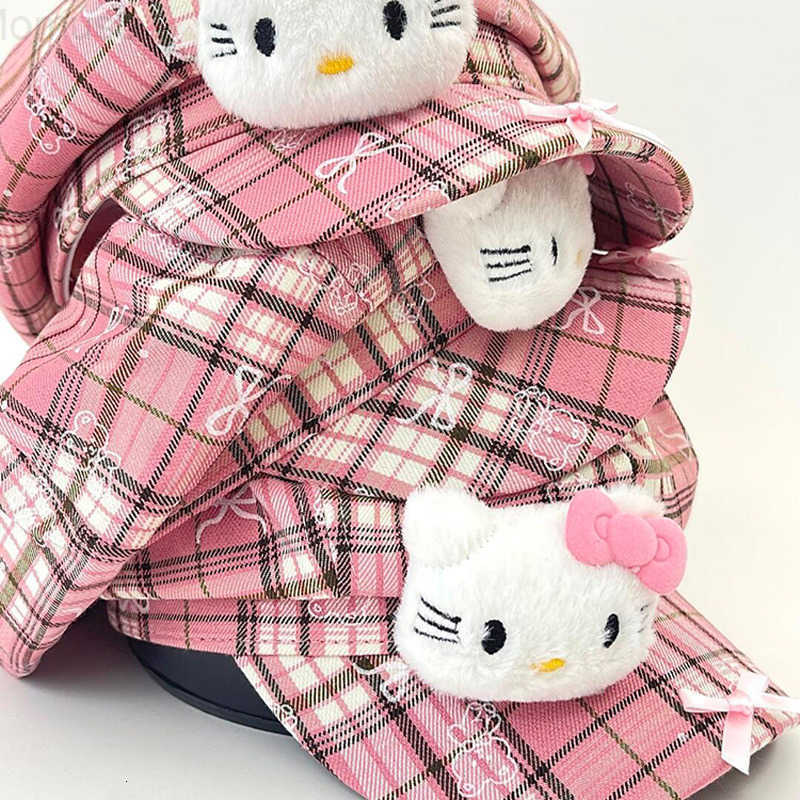 Sanrio Sweet Cute Kitty Cat Bow Plaid Beret Hat for Women Korean Style Niche Face-Slimming Pink Newsboy Hat H251110