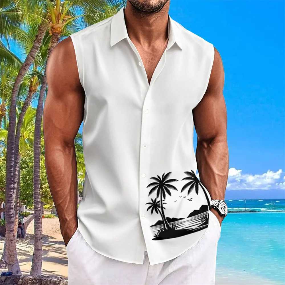 Summer casual mens shirt sleeveless lapel shirt button up beach vacation quick drying Hawaiian shirt mens oversized mens clothing X250410