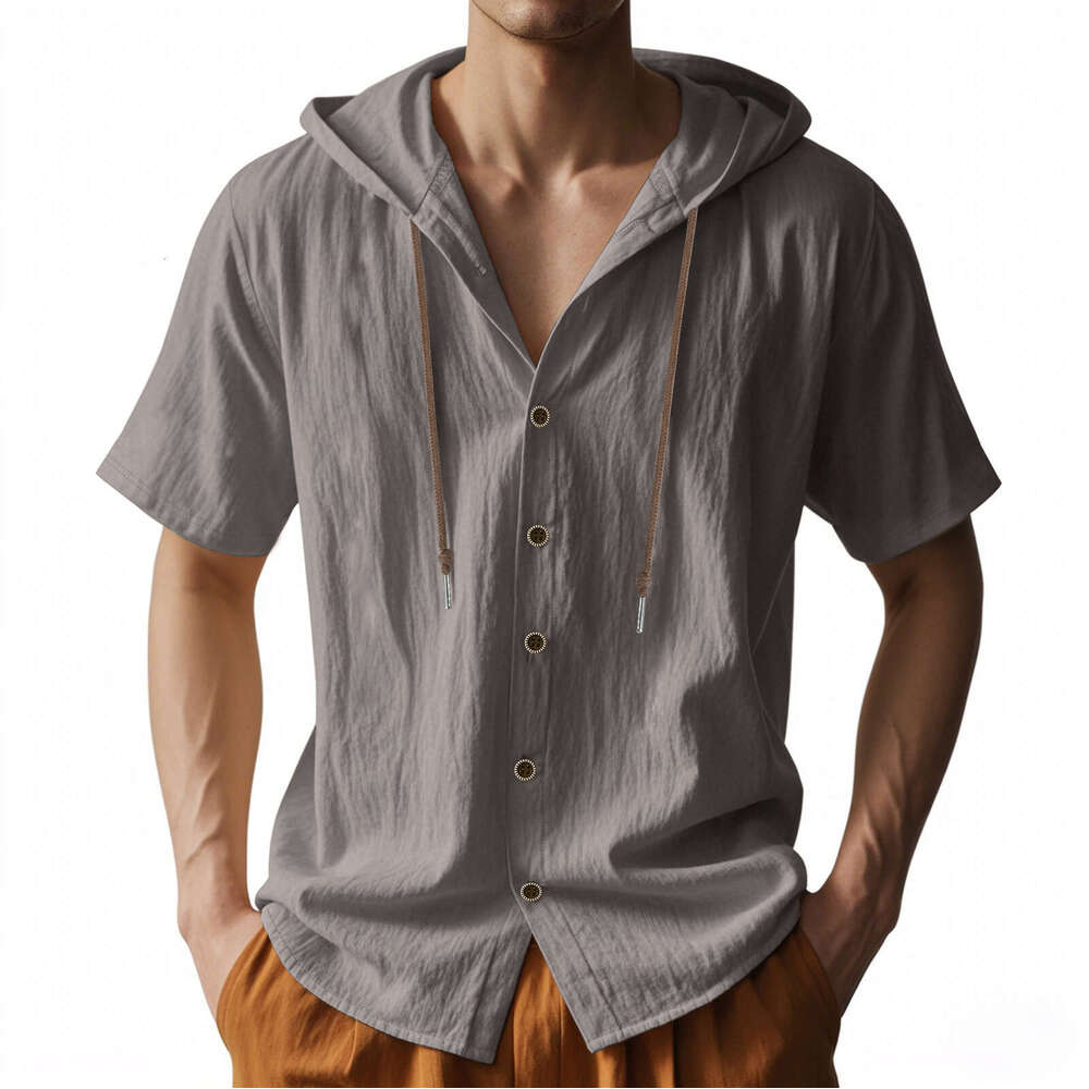 Cross-Border Amazon American Style Summer Men's Thin Breathable Linen Loose Hooded Short Sleeve Shirt for Men
