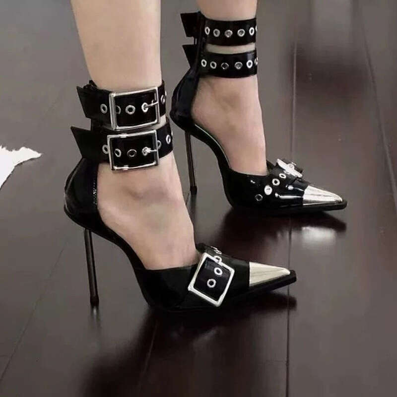Punk-Style High-Heeled Pointed-Toe With Metal Buckle, Stiletto Heel, Rivet Sandals Women, New Style Single Shoes For Spring, Summer, Autumn And This Y