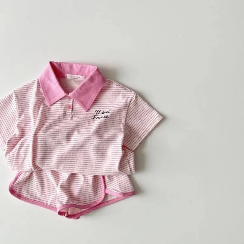 Summer Korean Style Baby Boys 2PCS Striped Clothing Cotton ShirtShorts Childrens Girls Casual Loose Polo Shirt Set 250409