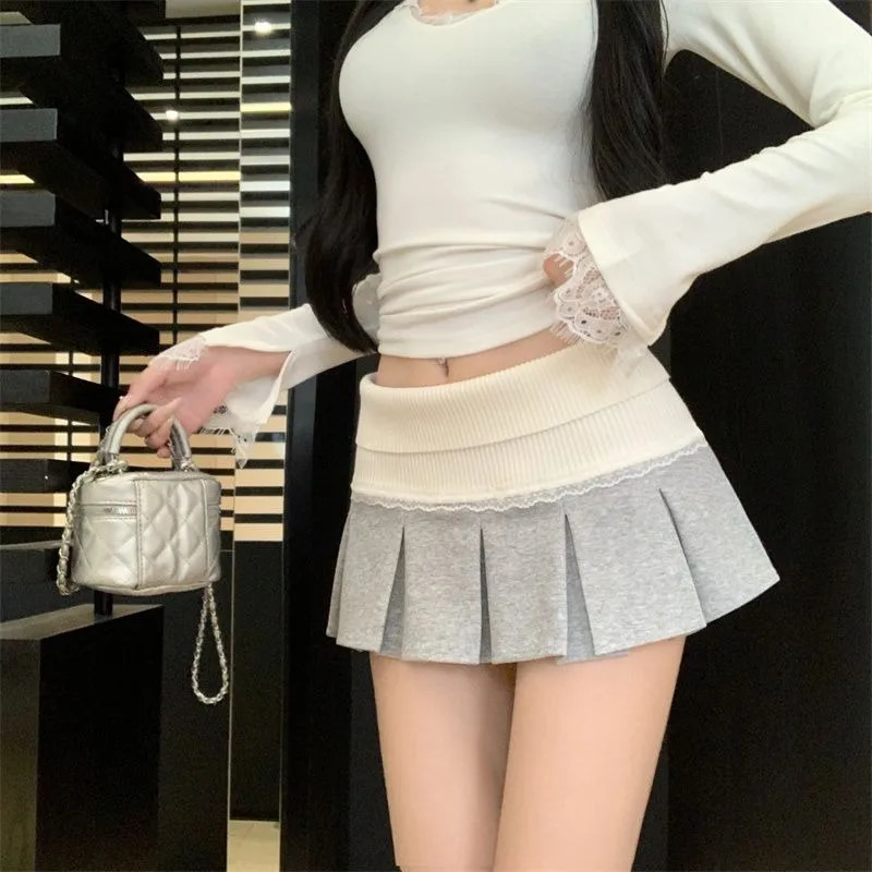 Knitted American retro patch work skirt lace Y2k fully matched high waisted sweet and spicy girl Jupe pleated mini 250407