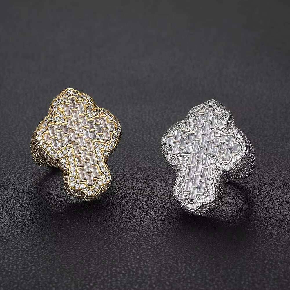 Fashion Iced Out Hip Hop Style 3A+ CZ Cubic Zirconia Baguette Diamonds Copper Cross Champion Ring for Men