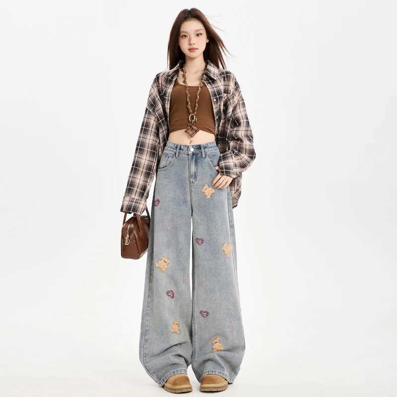 Y2K Loose Jeans Women Pants Casual Comfortable Retro Embroidery Bear Wide Leg Denim Trousers Streetwear Fashion C251110