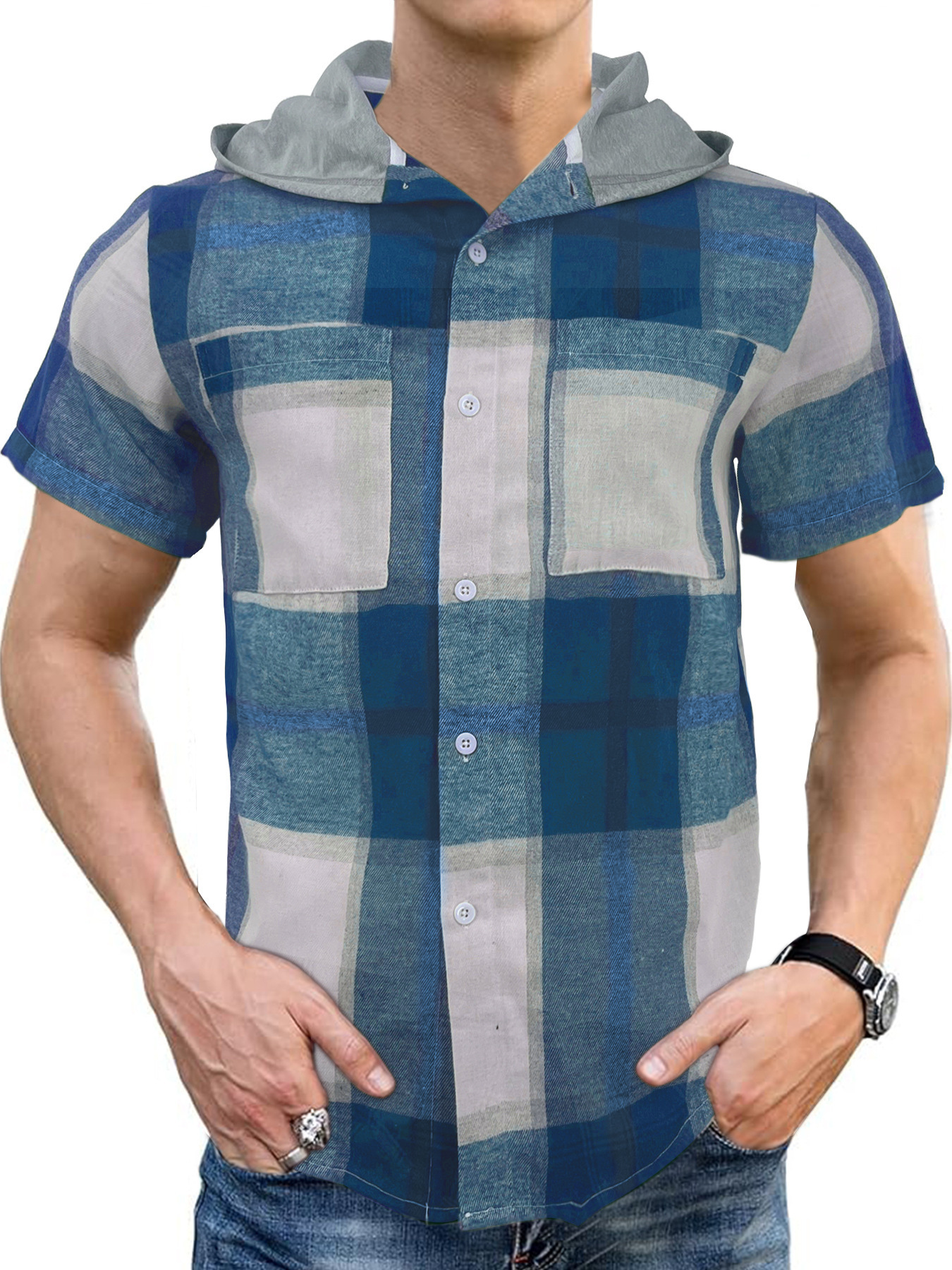 Tems new 2025 summer mens short sleeved shirt mens casual hooded checkered short sleeved shirt