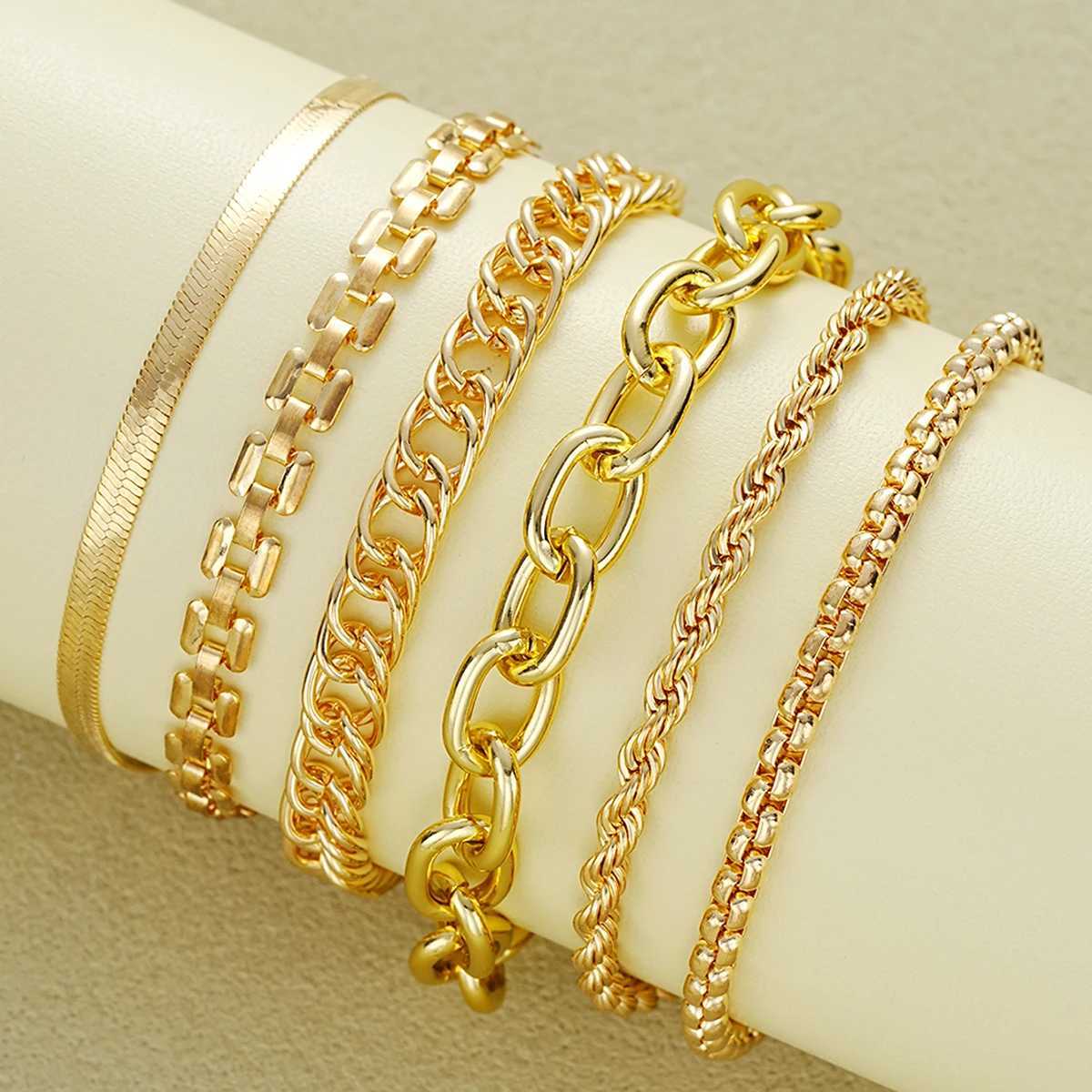 6Pcs/Set Chunky Twisted Cuban Chain Bracelets for Women Simple Gold Color Metal Waterproof Bracelets Sets Fashion Jewelry GiftsT251110