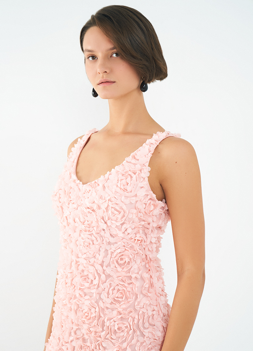 Women's Pink 3D Flower Scoop Neck Dress, Fitted Midi Length Evening Gown