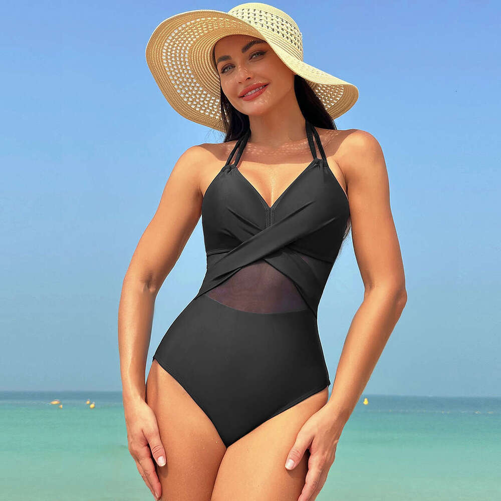 European and American one-piece women's solid color mesh swimsuit bikini wholesale 2025 new style chic elegant clothing