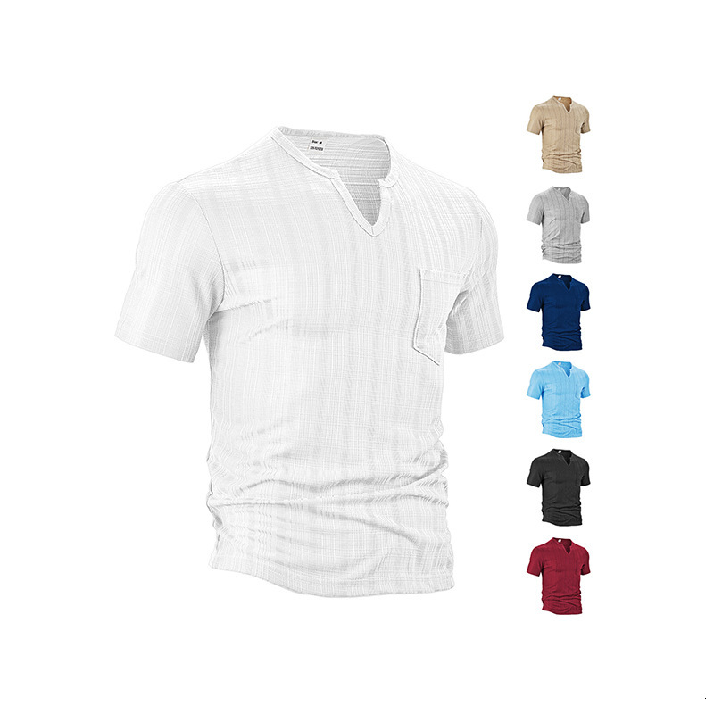 2025 collar mens summer fashion short sleeved Henry style American tough guy solid color T-shirt slim fit top