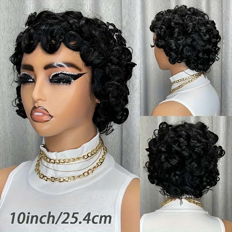 Women's Short Bob Afro Pixie Cut Bangs - 100% Human Hair 200% Density Bouncy Curls, Glueless No Lace Front Wig With Natural Base Light Brown High