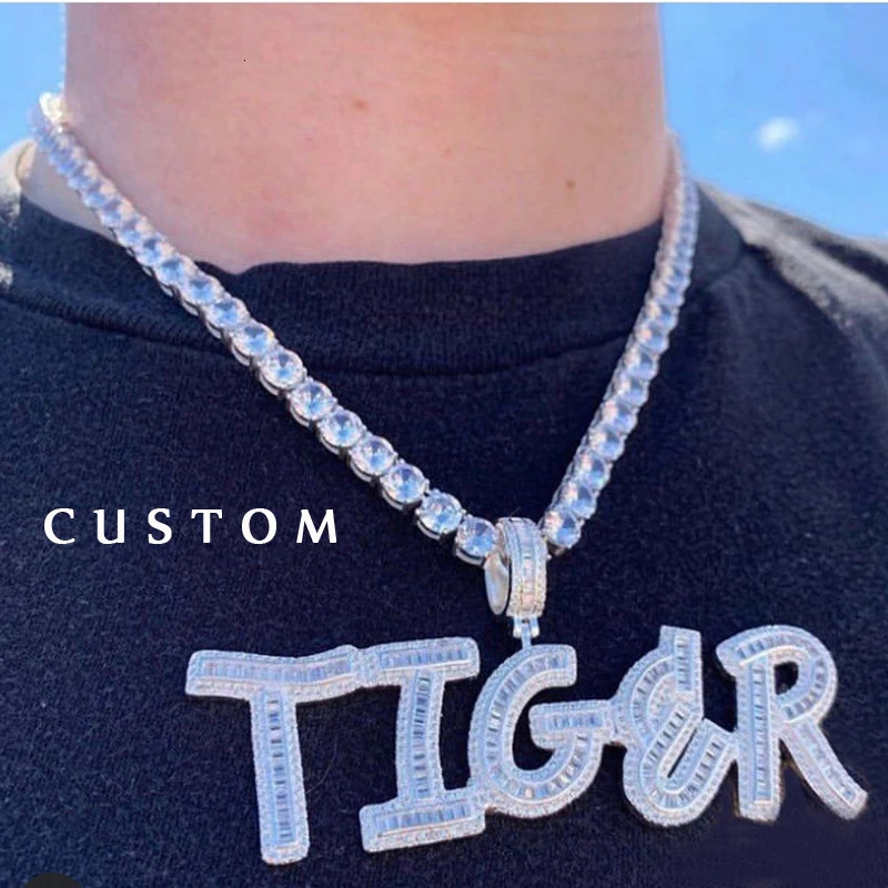 Custom Name Words Baguette Letters Pendant Gold Silver Color Charm A Zirconia Mens Hip Hop Necklace Chain Rock Jewelry 250409