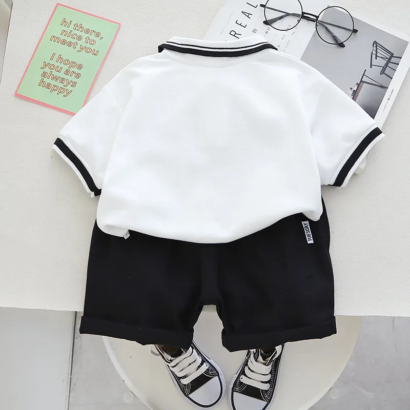 Summer Childrens Clothing Boys Simple Collar Polo Short Sleeve Set Boys Baby Shorts Casual Two Piece Set 250409