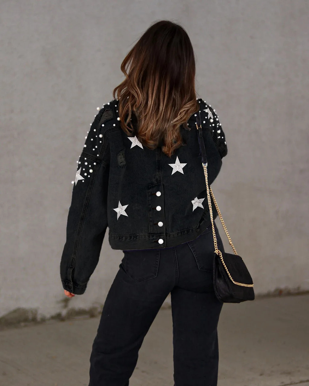 Womens bead star printed short denim jacket long sleeved single chest button fashionable sexy jacket 250409
