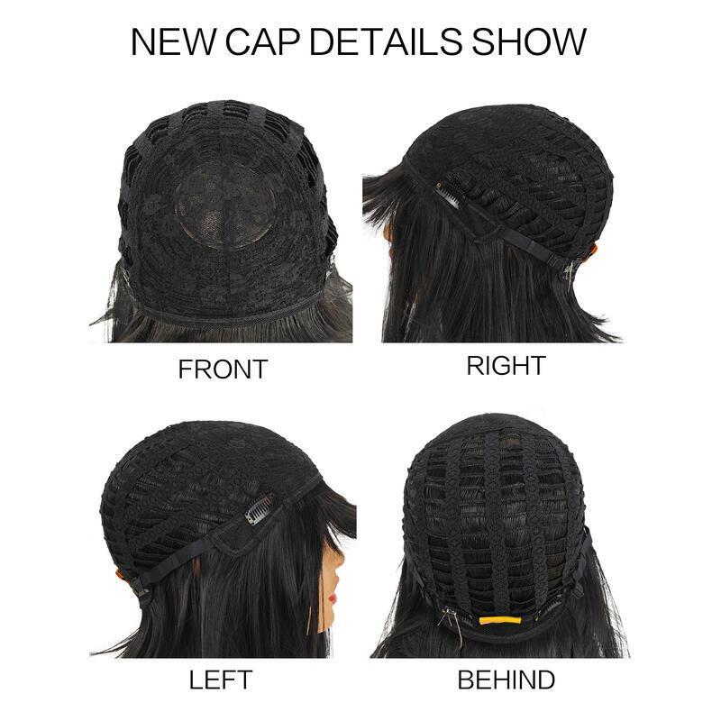12 Inch Natural black Short Bob With Bangs Light Yaki Straight Blunt Cut Glueless Realistic Look Daily Costume Wig For Women Synthetic Heat Resistant 