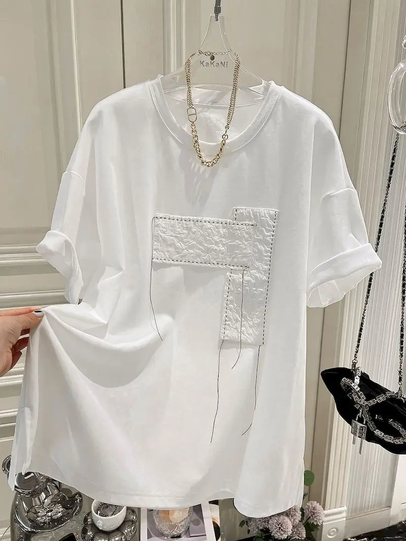Oversized mens patchwork and decal open front short sleeved T-shirt casual loose fashionable top-notch summer trend T-shirt 250410