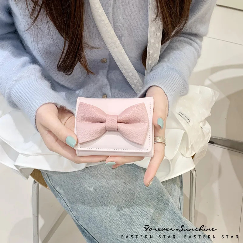 1pc Women Simple Solid Color Bow Decor Mini Tri-Fold Compact Wallet For Women Wallet Mini Wallet Purse Wallet Small Wallet cute R251110
