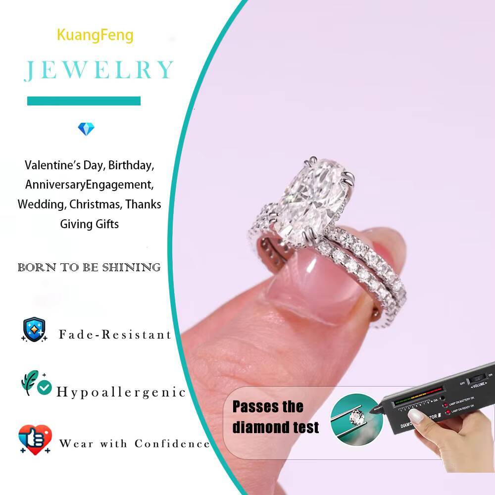 538CTW Oval Cut Moissanite Ring Set Egg Shape Center with Eternity Band 925 Silver Engagement Jewelry Gift for Women