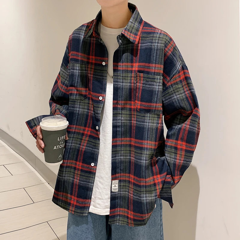 Harajuku Long Sleeve Plaid Shirts Men Big Size M-5XL Autumn Chic Loose Vintage High Street All-match Gentleman Camisa 250408