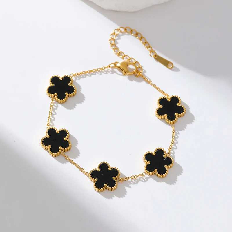 GANEMLY 316L Stainless Steel Black Plant Flower Bracelet - Five Leaf Petals Women's Luxury Jewelry Z260313