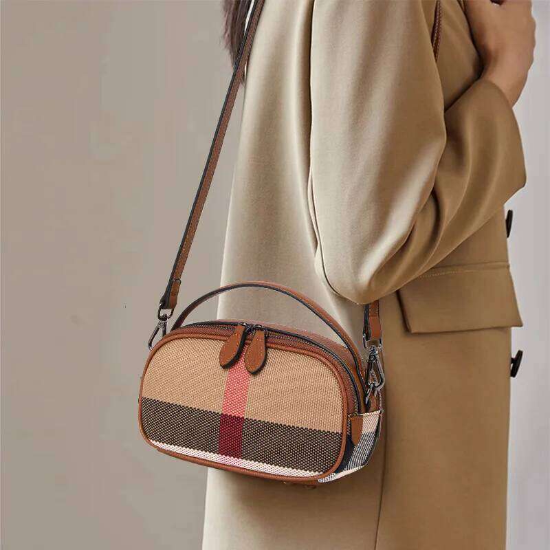 Crafted From Canvas Cowhide Material, Aidrani's Brown Checkered Round Women's Single Shoulder Crossbody Bag