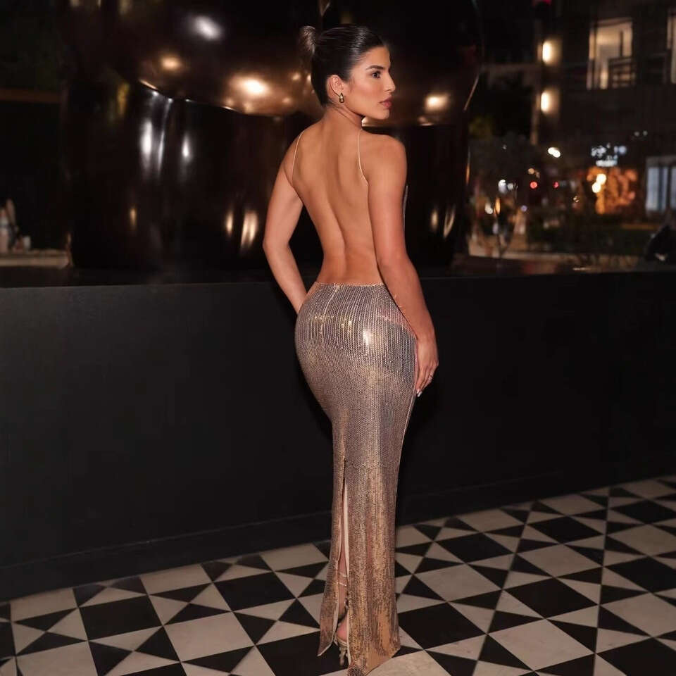 Hot Sale gold Sequin Night club maxi dress Halter Neck Hollow Out Backless Long Party Gown SEXY DRESSES FOR WOMEN