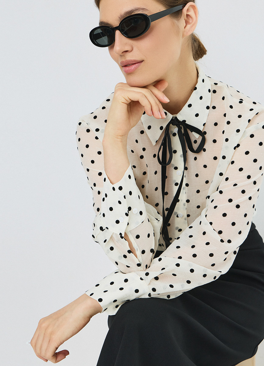 Women's White Black Polka Dot Bow Tie Collar Blouse, Long Sleeve Flock Print Shirt with Curved Hem