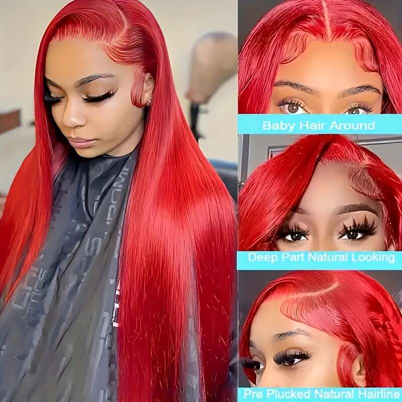 180% Density 13X4 Red For Women Pre-Plucked Baby Brazilian Virgin Straight Lace Front Long Human Hair Wigs