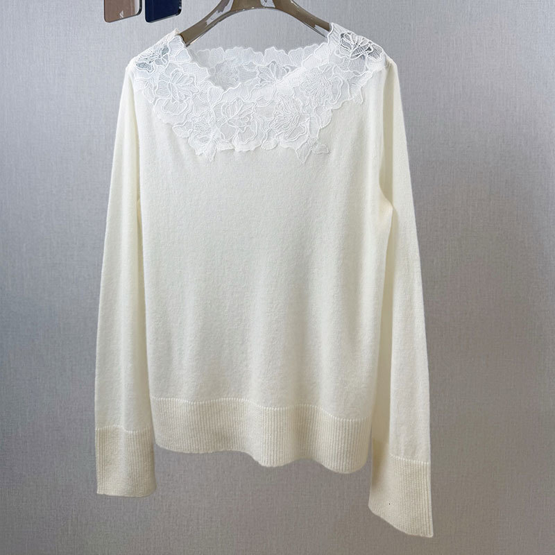 Luxury Designer Women's Cashmere Wool Knit Sweater Fashion Floral Lace Round Neck Long Sleeve Loose Pullover Multiple Colors Fall Winter Clothing