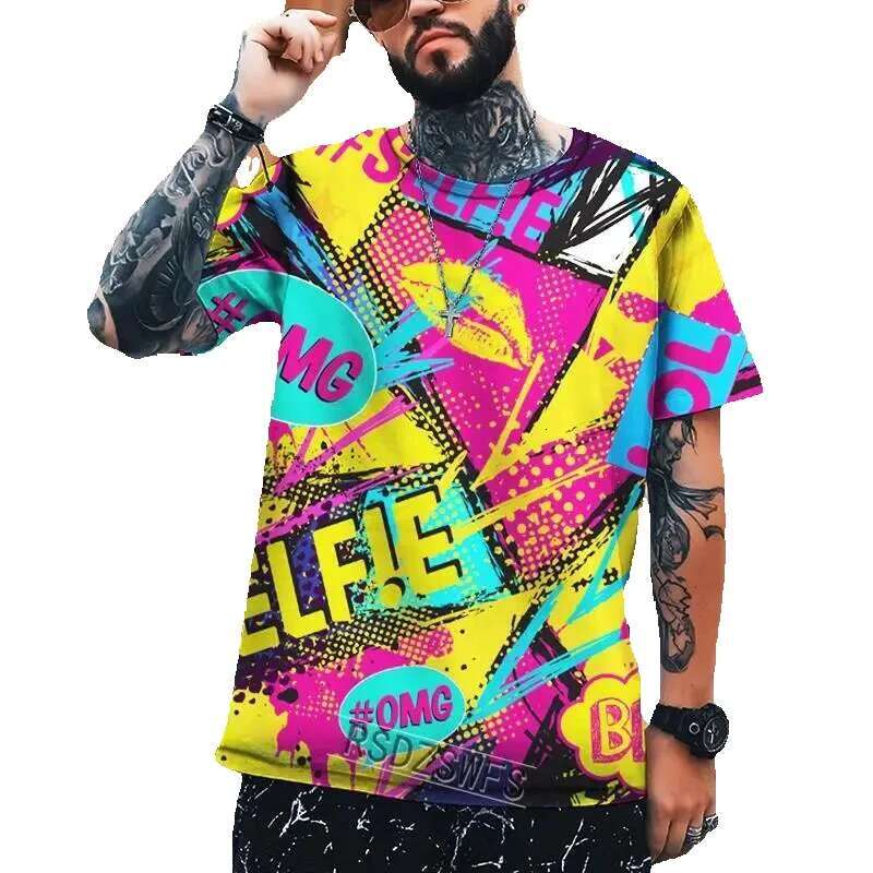 Fashion graffiti pattern men's fashion street hip-hop 3D printed short sleeved cool oversized sweater T-shirt