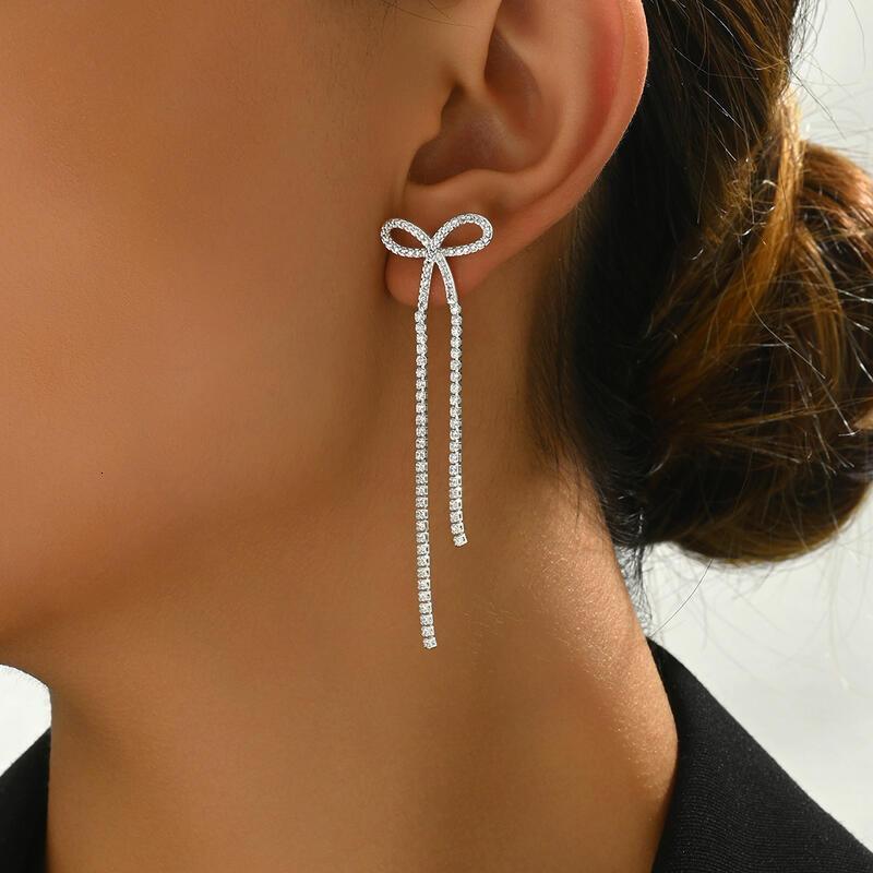 bridal sier bow rhie Women's Chandelier tassel Sparkg crystal Halloween long pendant earrings