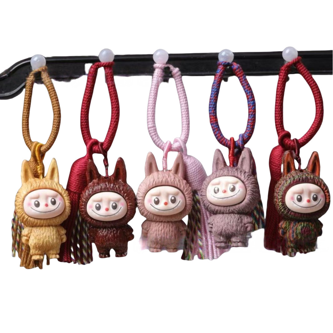 Designer 5-Piece Labubu Wood Carving Pendants - Handmade Solid Wood Carvings, Creative Car Hanging Ornaments key ring