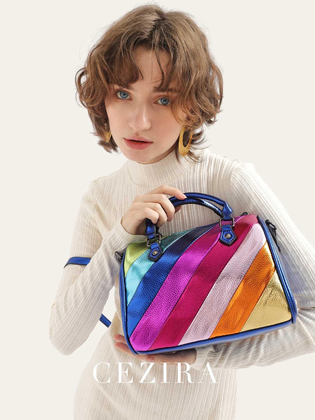 CEZIRA Luxury Metallic PU Vegan Leather Boston Bag Women Fashion Colorful Stripes Patchwork Top-handle Purse Crossbody Handbags K251110
