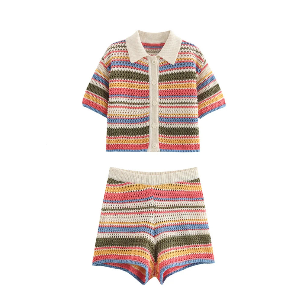 Autumn European and American Womens Casual Stripe Printed Short Sleeve Flip Collar Open Woolen Sweater Casual Shorts Set 250409