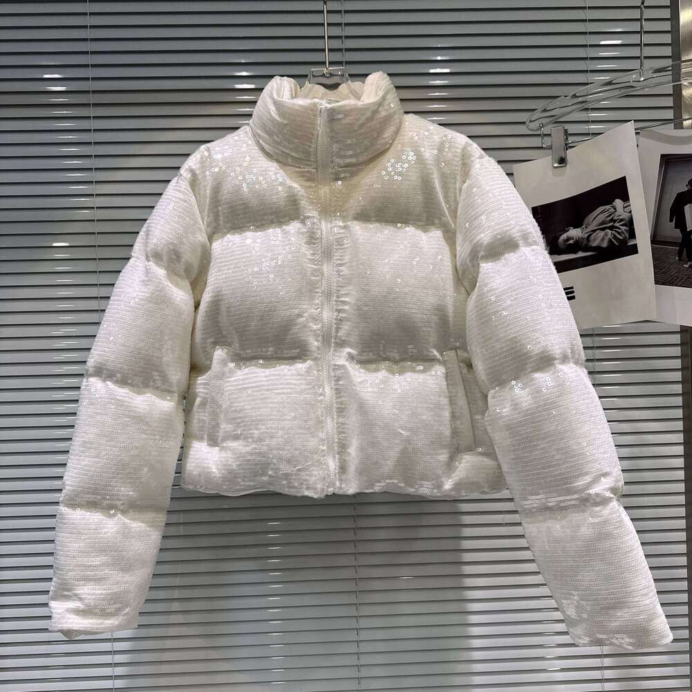 Winter Fashion Highstreet Women's Cotton Coats Sequins Stand Collar Versatile Casual Warm Puffer Short Parkas Jackets Women