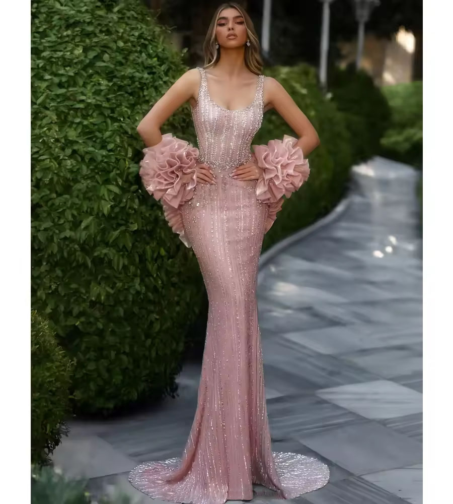 Luxury Evening Dresses For Women Crystal Sequins Gown Jewel Neck Sleeveless Jacket Sweep Train Dress Party Custom Made
