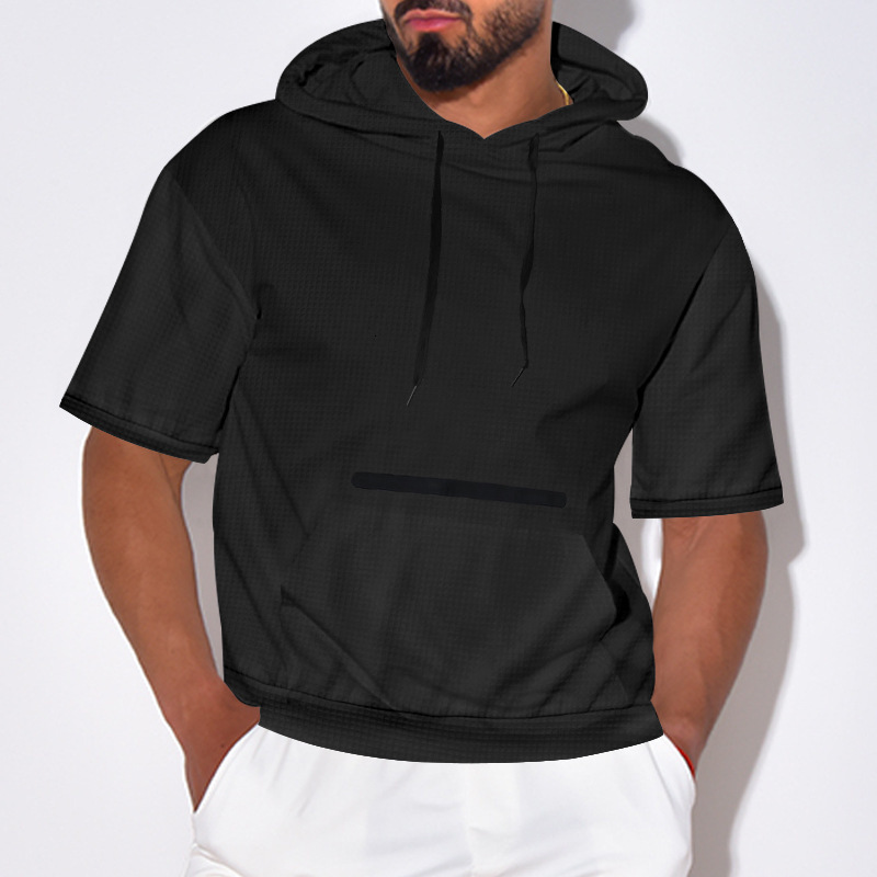 2024 Summer New Mens Casual Hooded Short sleeved T-shirt Solid Color Mens Top T-shirt