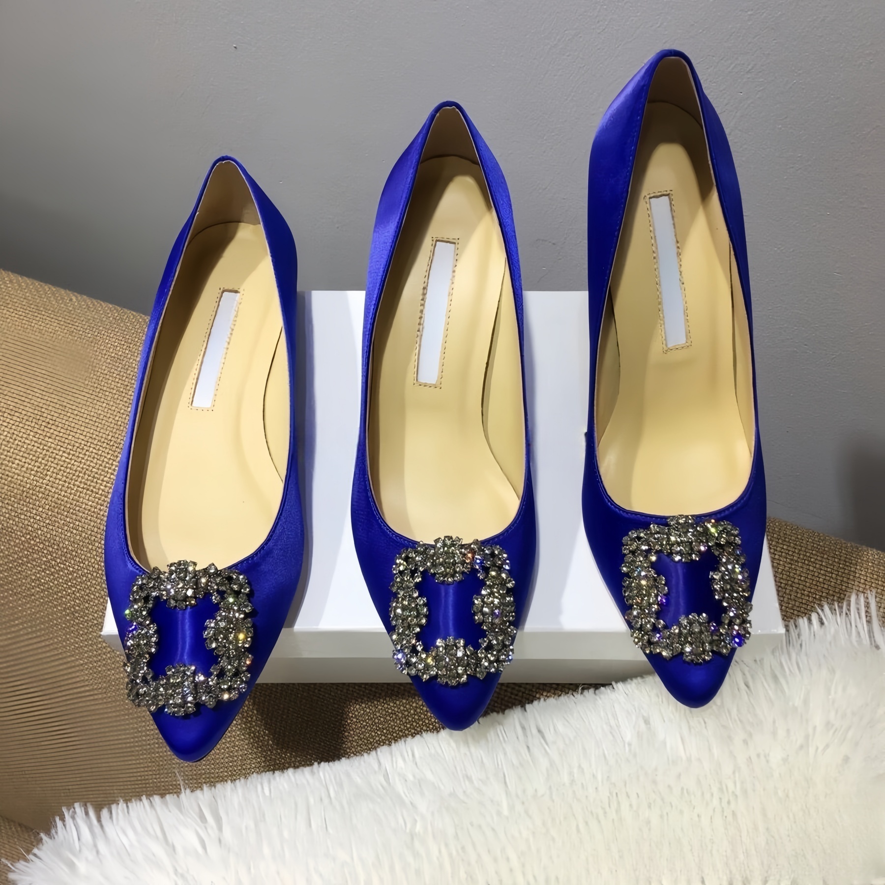 Luxury Designer Heel Dress Shoes Pointed Toe Brand Pumps 6cm 8cm 10cm Satin Rhinestone Buckle Women Wedding Shoes Size 35-42