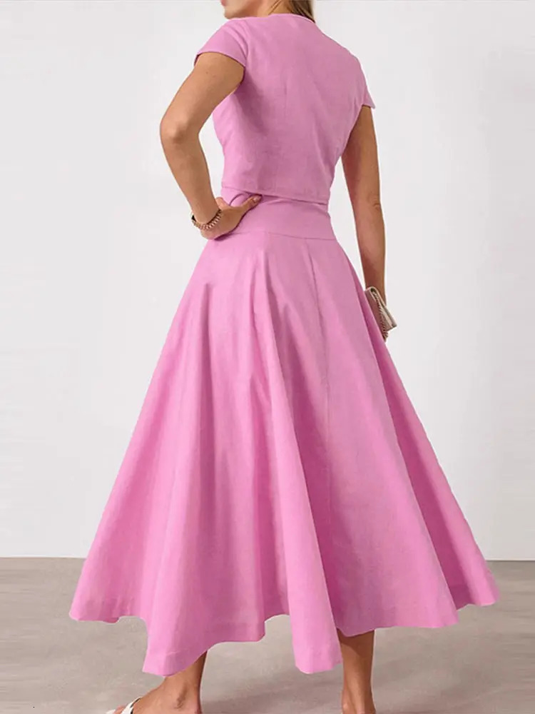 Women Vest Skirt Suit Solid O-neck Single Breasted Short Sleeve Short Top Button Wide Leg Skirts Female Summer Lady Beach Wears 251107