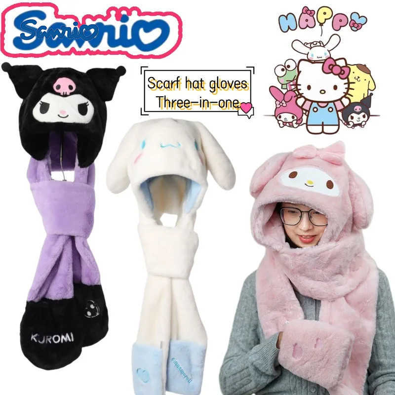Sanrio Hello Kitty Kuromi Cinnamoroll Cartoon Cute Hat for Girls Winter Outdoor Windproof and Warm Integrated Scarf and Gloves H251110