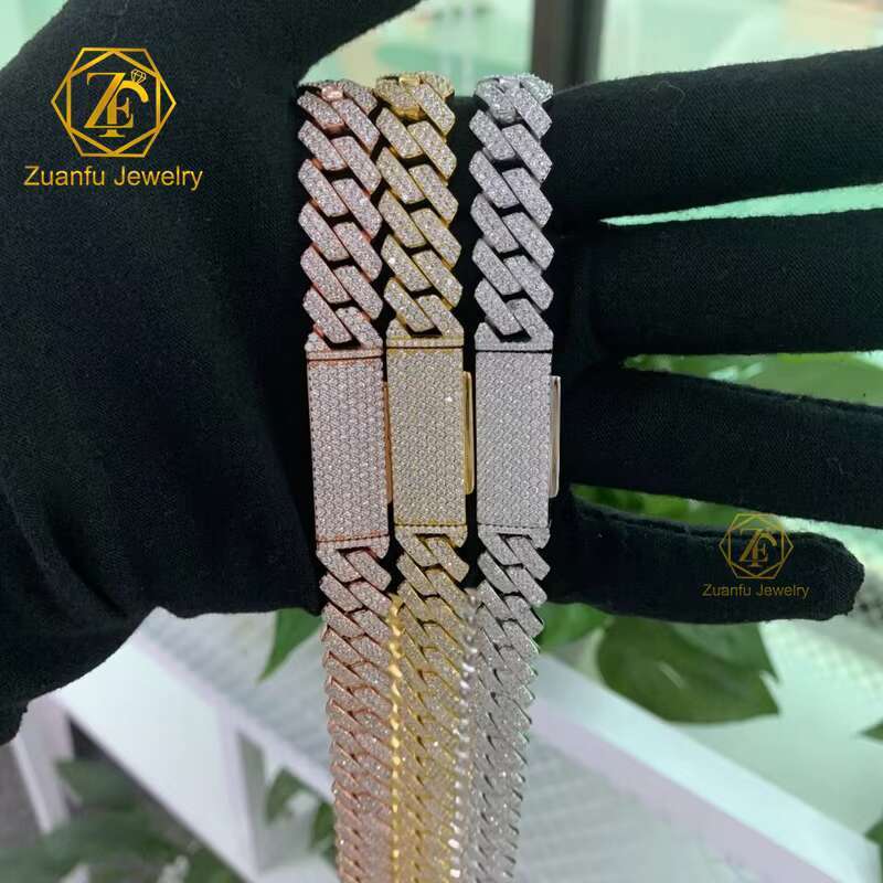 Chinese classic Cuban necklace, right angled trapezoidal full small S moissanite chain