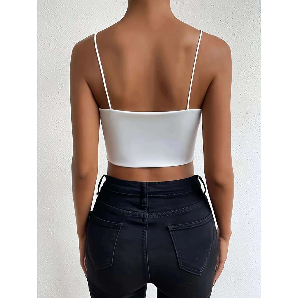 Chic Solid Spaghetti Strap Cami Crop Top Flattering Sleeveless & Backless Design - Lightweight, Fashion-Forward Womens Clothin