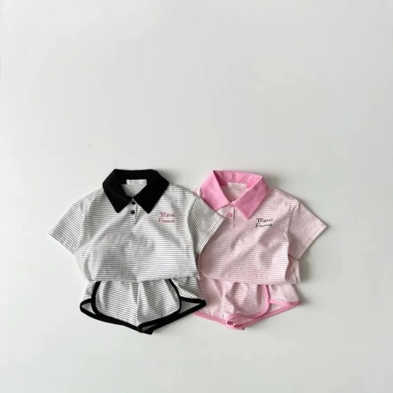 Baby Ins cotton striped clothing set for children and girls summer short sleeved sportswear polo T-shirtshort boys 2PCS casual track and field clothin