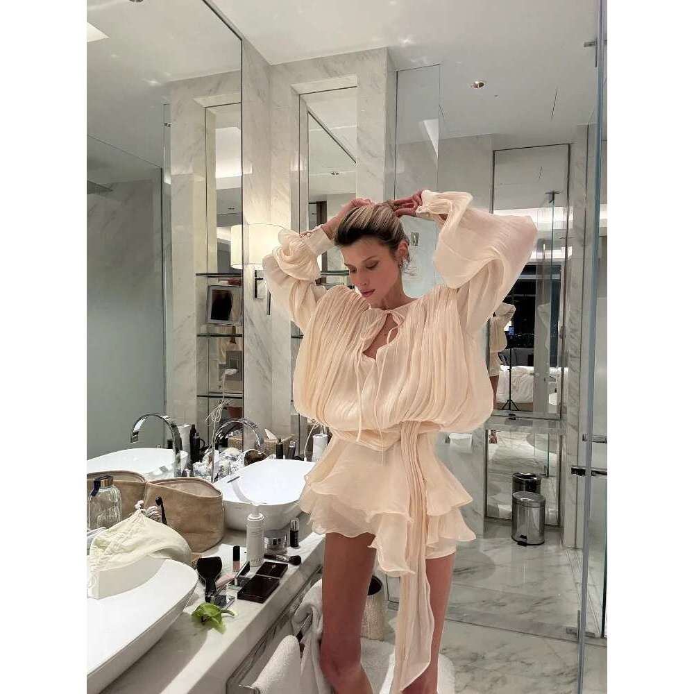 Women Lace Up Semi Sheer Dress Sexy Shinny Full Sleeves Waisted Pleated Hem Mini Robes 2025 Spring Evening Party Dresses