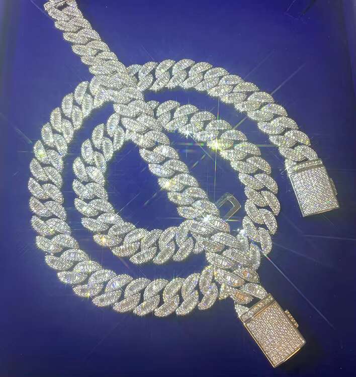 Yu Ying Fine Jewelry 925 Solid Silver 15mm Width Baguette Moissanite Chain Hip Hop Rapper Necklace Cuban Link Chain