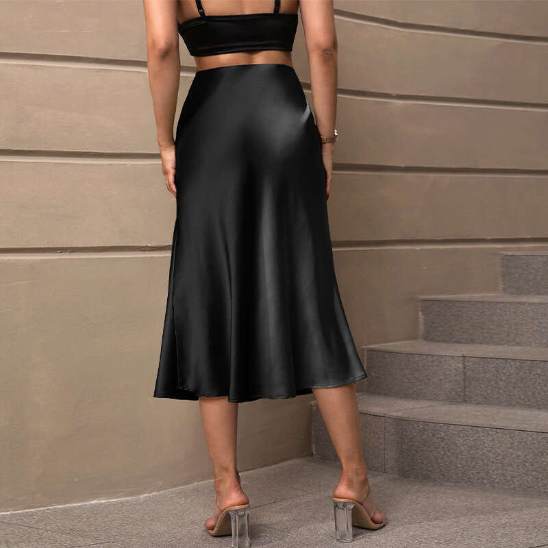 Rui Chuo Cross-Border Foreign Trade European and American Satin Midi 2025 Autumn Amazon Elegant Style Polyester Mid-Length A-Line Skirt