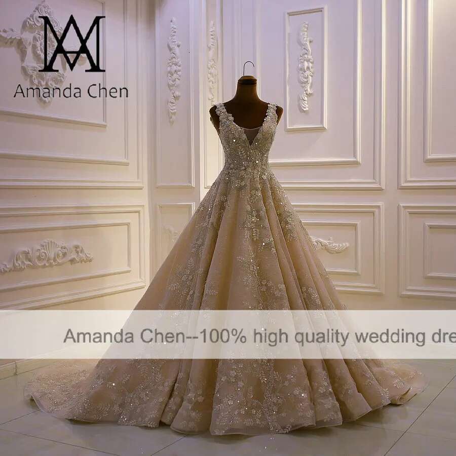 Customized AM768 Cap Sleeve Lace Applique Low Back Champagne Simple Wedding Dress